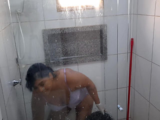 Bathroom Slut: My Sweaty Wife Shows off and Flashes Her Big Pussy While Cleaning!