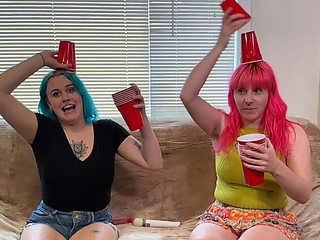 Big Tits Lesbian Teens Bea & Lizzy Strip Game - Stacking Cups Challenge Sex Toys