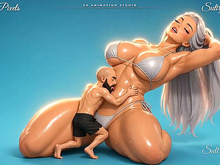 Tiny Man Pulls the Bikini String of a Kneeling Anime Giantess and Dives Into Her Belly