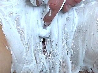 Shaving a Hairy Pussy with a Trimmer and a Razor with Shaving Foam! Close-up!