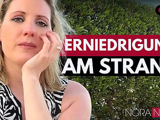 German Mistress NoraNoxx Degrades Skinny Blonde Slave on Public Beach - HD Outdoor Humiliation