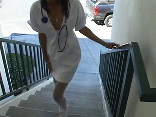 Hot black nurse gets her pussy slammed on the table