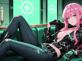 Pink-haired Leather Tech! Private Vibes in a Neon-lit Cyber Corridor.