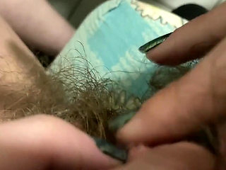 Morning orgasm big clit rubbing in extreme closeup super hairy pussy
