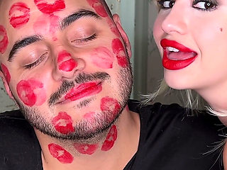 Red Lipstick Kisses Cover His Entire Face