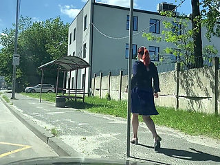 Masturbating with Banana and Eating It on Bus Station in Office Look