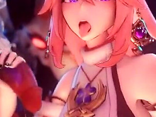 Yae Miko Surrounded by Hilichurl Cocks Gangbang Threesome Double Handjob - Genshin Impact Porn