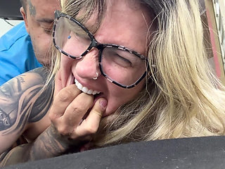 Nerdy girl feels the cuckold's cock for the first time in her face, mouth and ass