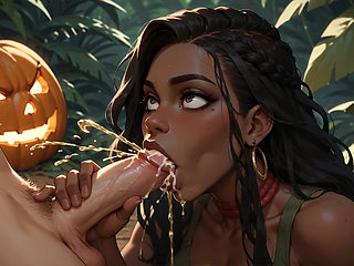 Hot Ebony Goddess Engulfs Halloween Pumpkins in Hot Desire - XXX!
