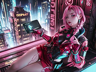 Pink-haired Mech Warrior! Kneeling in Neon Streets, Red Rose & Cold Armor Contrast, Fingertips tracing collarbones.