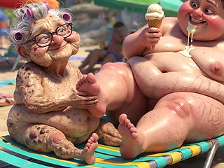 Elderly Granny Passionately Sucking BBW Feet on the Beach