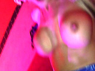 A big titted blonde keeps the thong on while she sucks and gets fucked hard