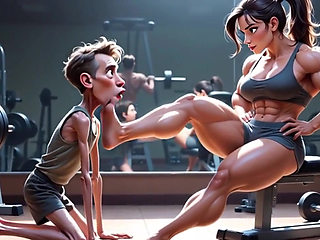 Muscular Woman Humiliates Skinny Man - Foot Worship Domination