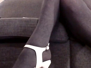 Pantyhose Crossed Legs White Stipper Heels Pumps
