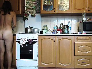 Sexy Ukrainian Hostess Naked In Kitchen With Huge Booty And Saggy Tits