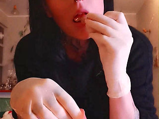 i'm hungry now eating salmon WHITE LATEX GLOVES GODDESSLOLLI