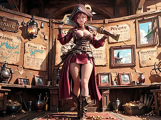 Redhead Pirate Captain! Playing with her cutlass in a vintage ship cabin