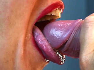 4K - MILF Slut masked with lipstick gives blowjob & gets all the cum on her tongue in close up
