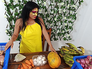 The greengrocer fucks a customer while working at her workstation