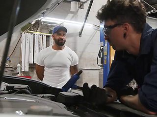 Hot men share the garage for rough gay anal sex