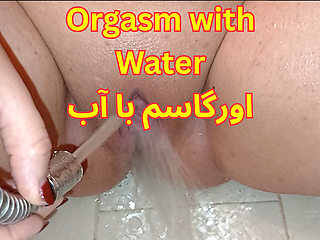 Iranian MILF masturbation with water pressure on her pussy, close up, perfect pink pussy