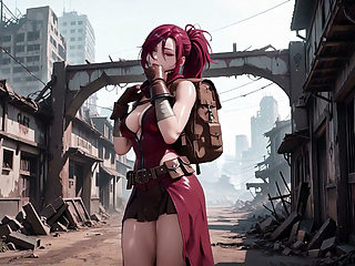 Redhead Warrior in Ruins! Forbidden Encounter in the Industrial Wasteland, her tight combat suit soaked and hazy eyes.