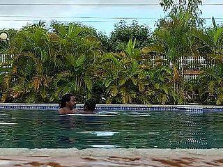 Sperm Floating in the Pool, Hard Sex in the Water, Double Orgasm.