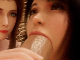Aerith and Big Breast Ass Tifa Deepthroating a Nice Hard Cock