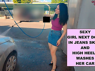 Sexy Girl Next Door in Jeans Skirt and High Heels Washes Her Car