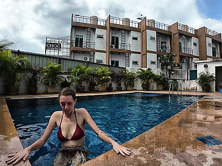 Skinny Brunette British Girl Nude Swimming Pool Sex with Huge Dick