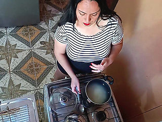 A horny guy decides to fuck his stepsister in the kitchen