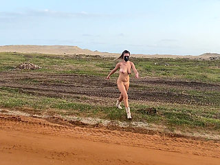 Naked Busty Blonde Walks by Car on Public Road