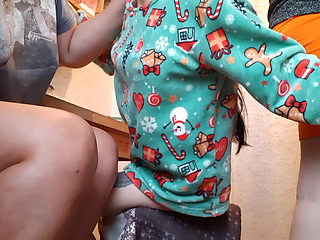 My girlfriend and I are mutually masturbating in the kitchen while our housekeeper is preparing breakfast