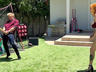 Big-booty redhead MILF plays ball with her stepson's huge white cock